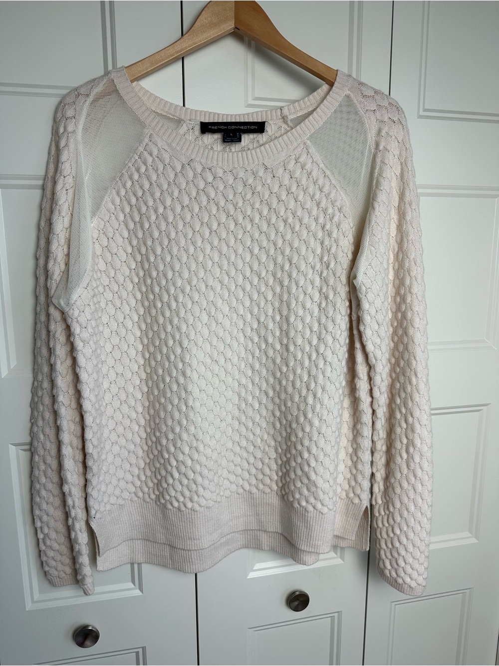 French Connection Cream Textured Knit Mesh Panel Sweater Women’s L Boho Light - Picture 2 of 6
